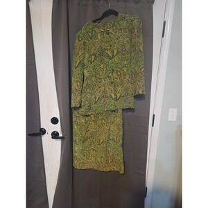 Sussy Green Women's Floral Blouse Pant‎ Set, Button Up Vintage, Tribal Print S/M